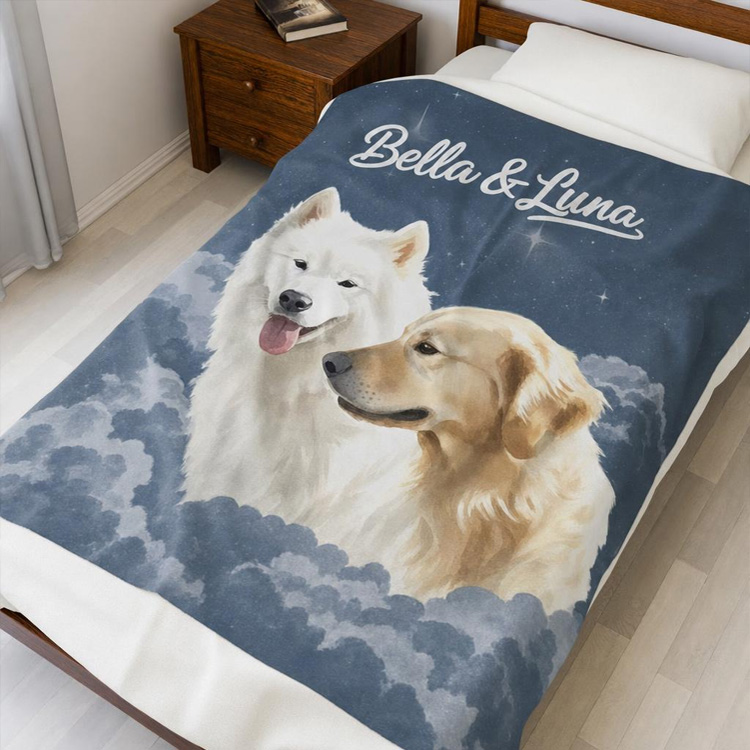The finished Bella and Luna blanket spread across a made bed