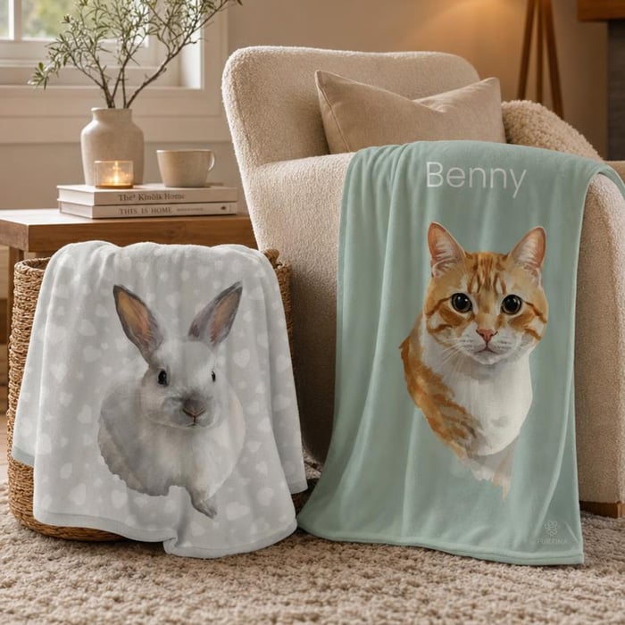 Custom watercolor pet blanket featuring a long-haired orange cat on a soft grey background