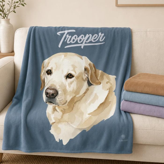 Custom watercolor pet blanket featuring a golden retriever on a slate blue cloud background