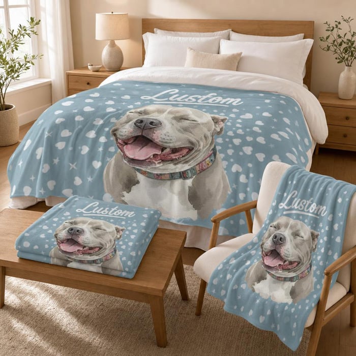 Custom watercolor pet blanket featuring a grey and white pit bull on a light blue cloud background